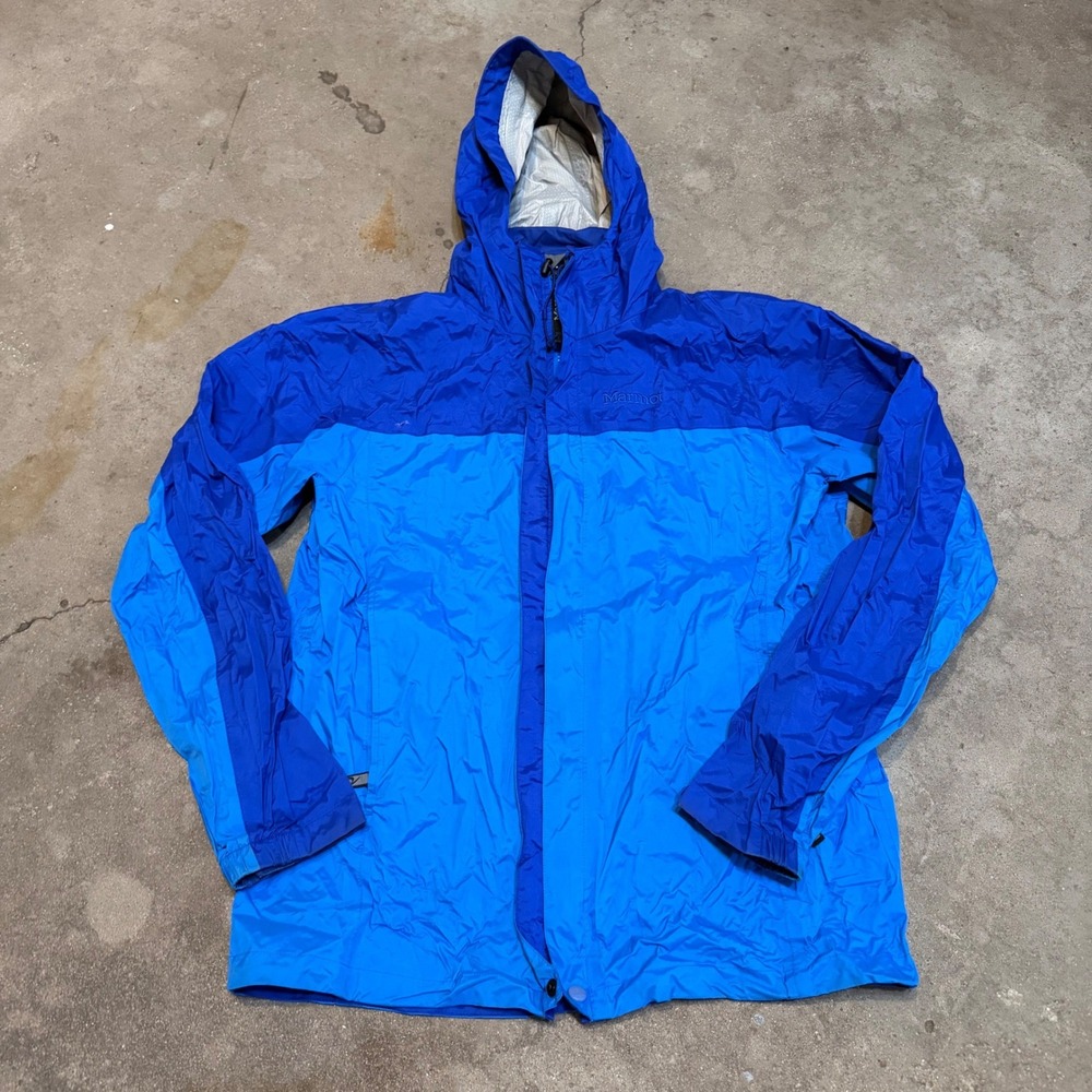Marmot Rain Jacket Mens Medium Blue Colorblock Hooded Waterproof PreCip